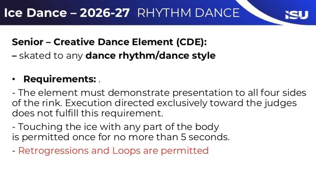 Slide with ISU Logo, Ice Dance - 2026-27 Rhythm Dance 
Senior - Creative Dance Element (CDE)
Requirements:
-The element must demonstrate presentation to all four sides of the rink. Execution directed exclusively toward the judges does not fulfil this requirement.
- Touching the ice with any part of the body is permitted once for no more than 5 seconds.
- Retrogressions and Loops are permitted.